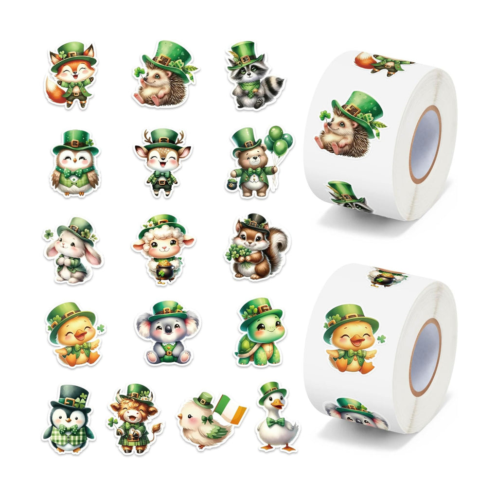 H1vojoxo St. Patrick's Day Sticker Rolls - 1000PCS Shamrock Irish Cute Cartoon Stickers for Kids 16 Design St. Patrick's Cute Animal Sticker for Craft St. Patrick Cartoon Animal Stickers for Envelope