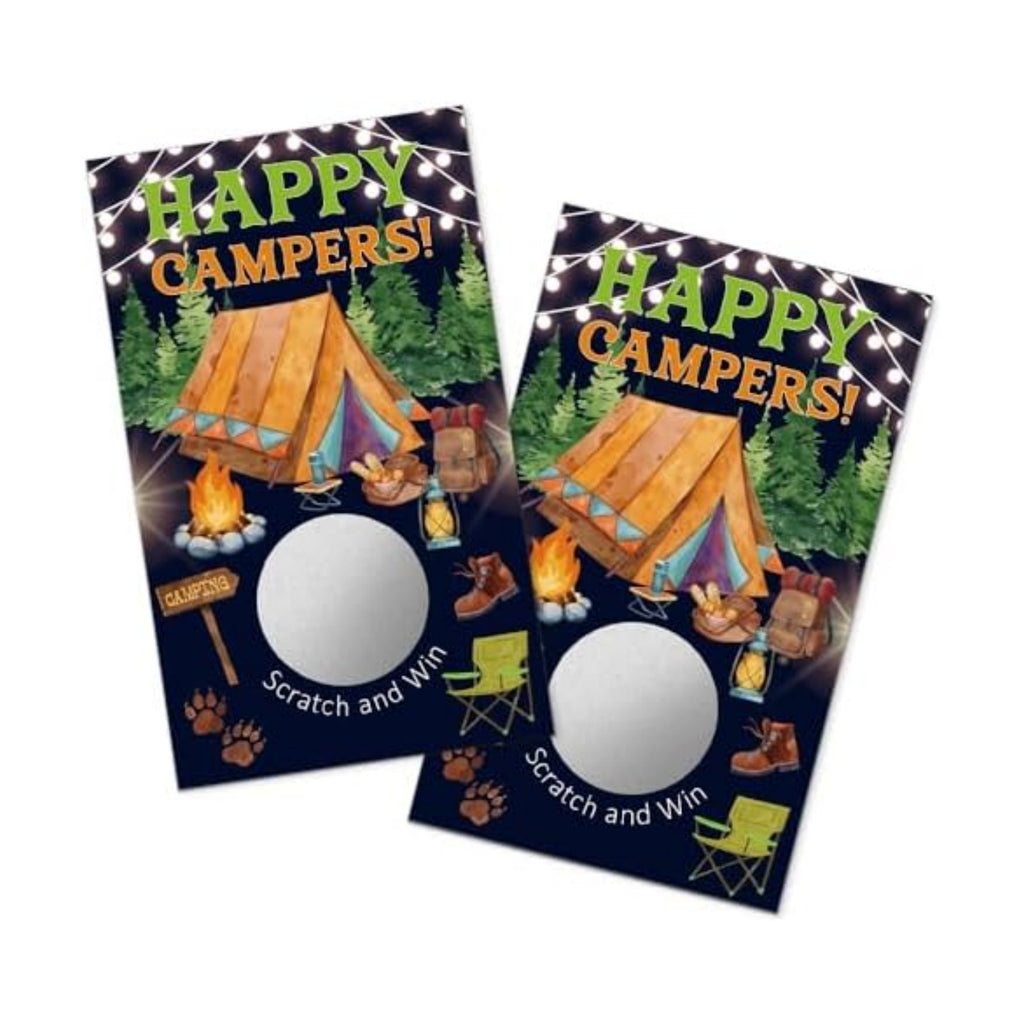 TOUNER 50Pcs Happy Campers Silver Scratch Off Game, Reveal Campfire & Fire Remain Design, Camping Adventure Themed Raffle Tickets, Camping Birthday Party Game Scratch Card for Men Women Outdoor Lover