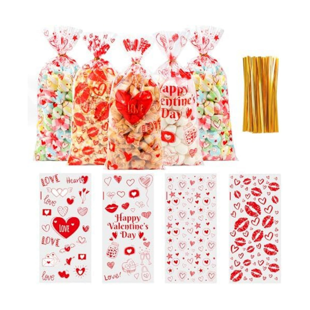 50PCS Valentines Goodie Bags - 5 x 11 Plastic Valentines Cellophane Treat Bags with Twist Ties, Red Heart & Love Design Valentine Candy Bags for Kids Classroom Exchange, Party Favors, Gifts, Cookies