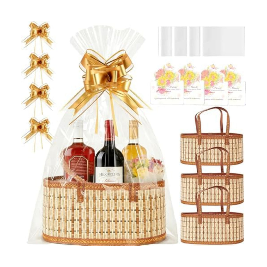 4Pcs Gifts Baskets Empty to Fill for Christmas Mother's Day Birthday Party Baby Baptisms Thanksgiving New Year, Foldable Bamboo Woven Bulk Gift Basket Set with Handle, Cute Large Baskets Gift Kit