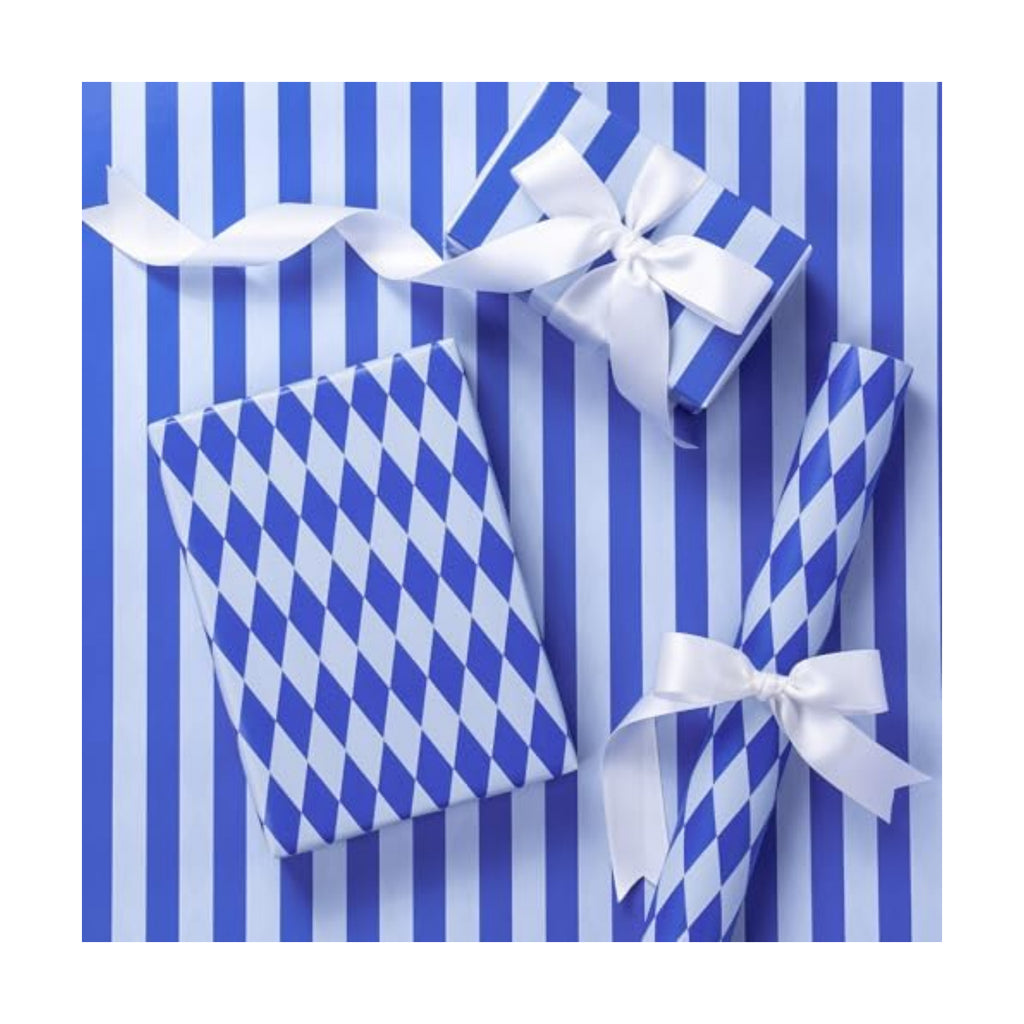 RUSPEPA Reversible Wrapping Paper Roll, Mini Roll, Blue and White Stripes and Diamond Pattern Gift Wrap for Birthday, Wedding, Baby Shower, Easter, Father's Day, Graduation, 17 Inches x 16.4 Feet