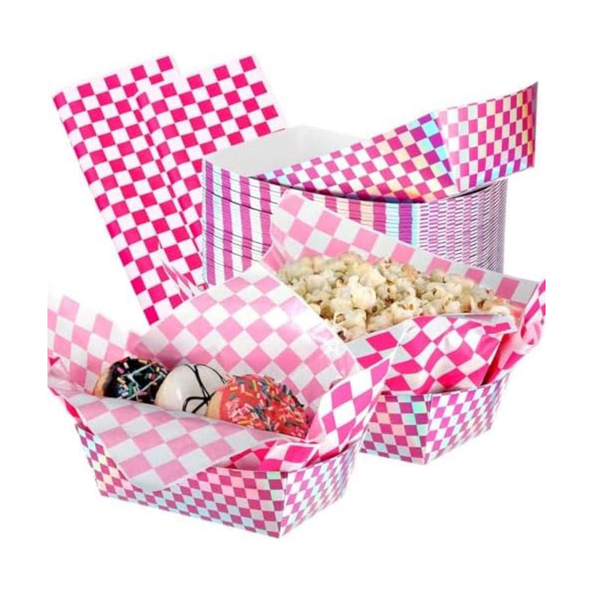 Geosar 100 Pcs Gingham Paper Food Tray with Wax Paper,Laser Fuchsia