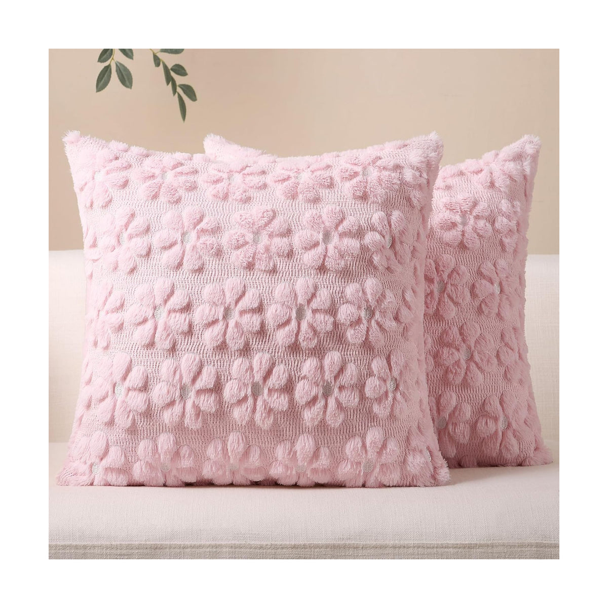 Softalker Spring Decorative Throw Pillow Covers 16 x 16 Inch Set of 2, Farmhouse Summer Floral Daisy Soft Faux Fur Cushion Covers, 3D Pillow Cases for Couch Bedroom Living Sofa Room Home Decor, Pink