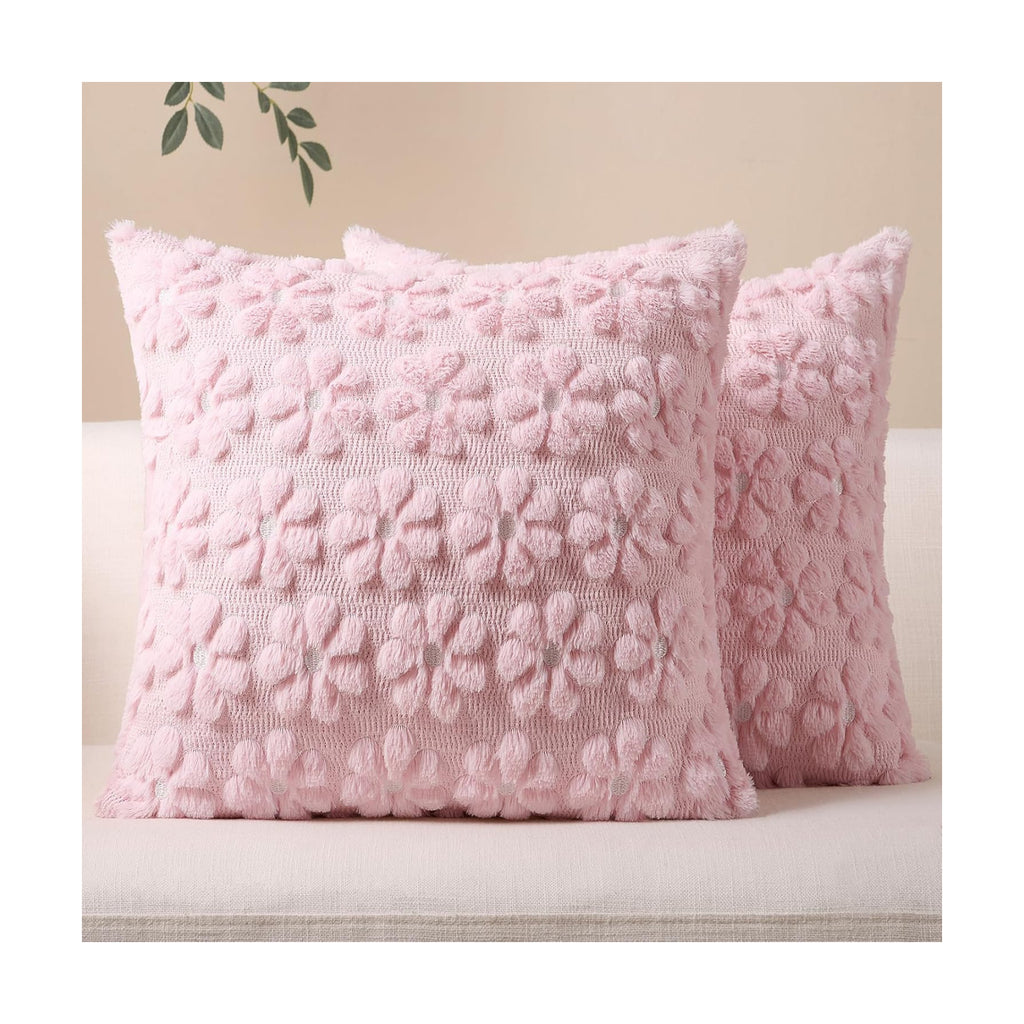 Softalker Spring Decorative Throw Pillow Covers 20 x 20 Inch Set of 2, Farmhouse Summer Floral Daisy Soft Faux Fur Cushion Covers, 3D Pillow Cases for Couch Bedroom Living Sofa Room Home Decor, Pink