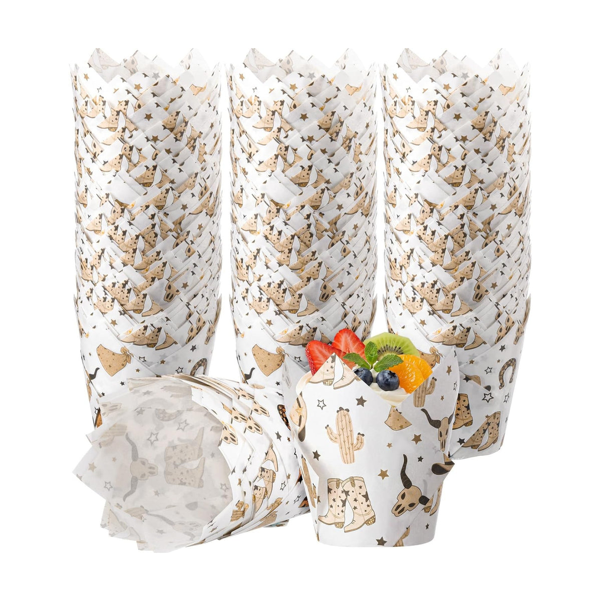 Maxdot 200 Pcs Western Cowboy Tulip Cupcake Liners for Baking Western Theme Paper Muffin Baking Cups Retro Wild West Tulip Muffin Liners Wrappers for Baby Shower Birthday Party