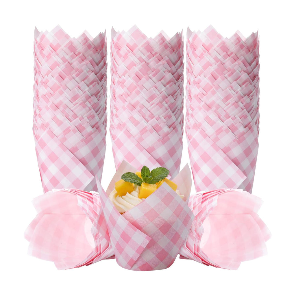 Maxdot 200 Pcs Pink Gingham Tulip Cupcake Liners for Baking Plaid Paper Muffin Baking Cups Checkered Tulip Muffin Liners Wrappers for Bridal Baby Shower Wedding Birthday Party Decor
