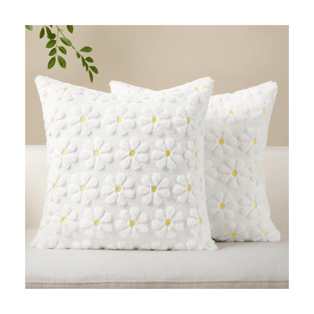 Softalker Spring Summer Decorative Pillow Covers 18 x 18 Inch Set of 2,Outdoor Farmhouse Floral Daisy Soft Faux Fur Cushion Covers, 3D Pillow Cases for Bedroom Living Couch Sofa Home Decor, White