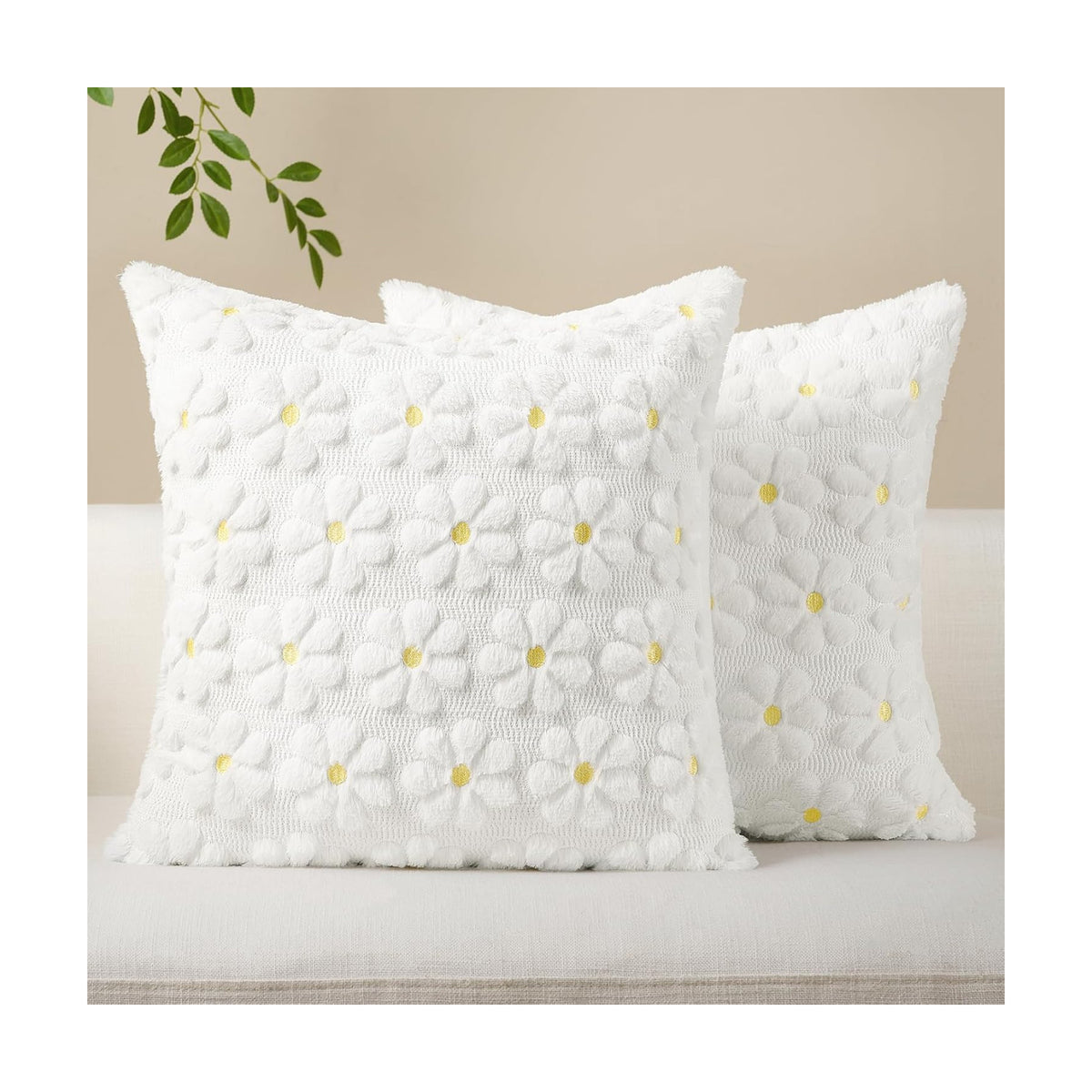 Softalker Spring Summer Decorative Pillow Covers 18 x 18 Inch Set of 2,Outdoor Farmhouse Floral Daisy Soft Faux Fur Cushion Covers, 3D Pillow Cases for Bedroom Living Couch Sofa Home Decor, White