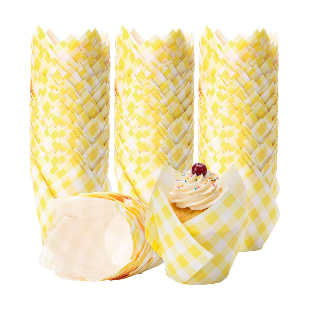 Maxdot 200 Pcs Yellow Gingham Tulip Cupcake Liners for Baking Plaid Paper Muffin Baking Cups Checkered Tulip Muffin Liners Wrappers for Bridal Baby Shower Wedding Birthday Party Decor