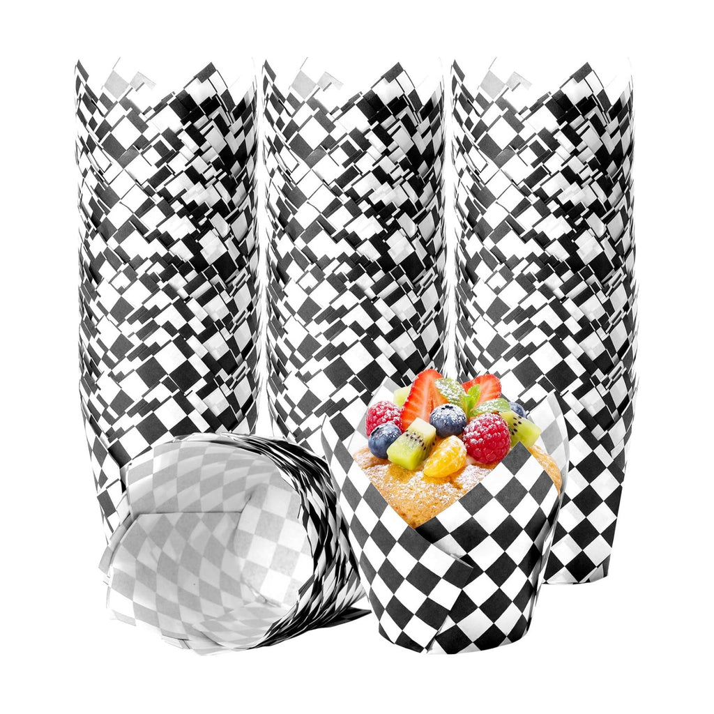 Maxdot 200 Pcs Checkered Tulip Cupcake Liners for Baking White Black Plaid Paper Muffin Baking Cups Checkered Tulip Muffin Liners Wrappers for Race Car Birthday Party Supplies
