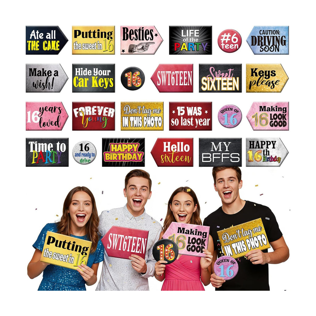Beeveer 24 Design Birthday Photo Booth Props 16th Birthday Double Sided PVC