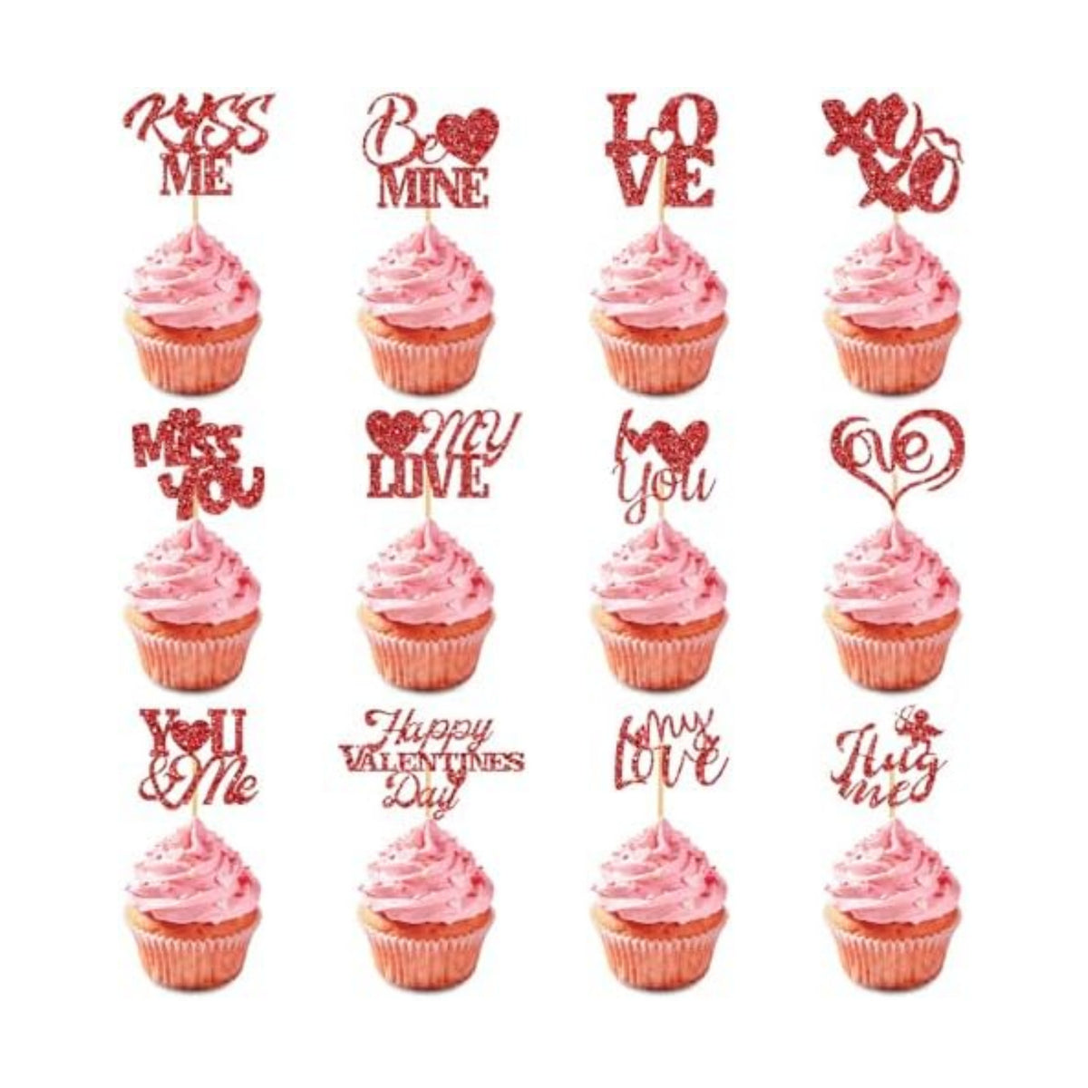 24Pcs Valentine's Day Cupcake Toppers, Glitter Word Heart Cake Decorations