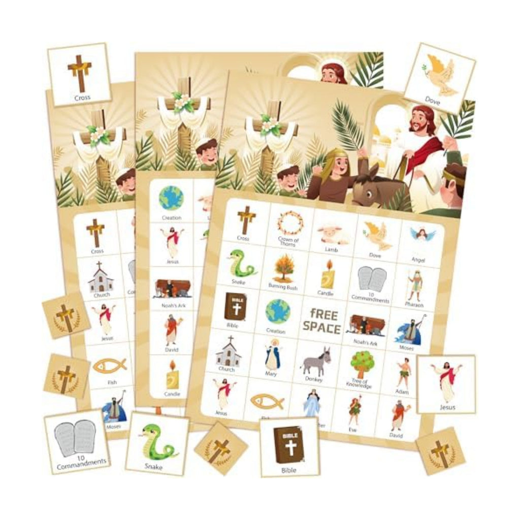 Bible Bingo Game, 38pcs Biblical Party Favors Set Including Bible School Bingo Cards for Religious Party Decorations Biblical Party Decorations