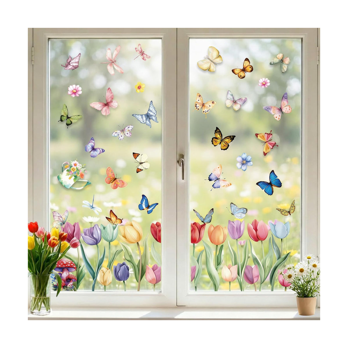 9 Sheets Spring Window Clings Decor, Tulip Floral Butterfly Window Stickers