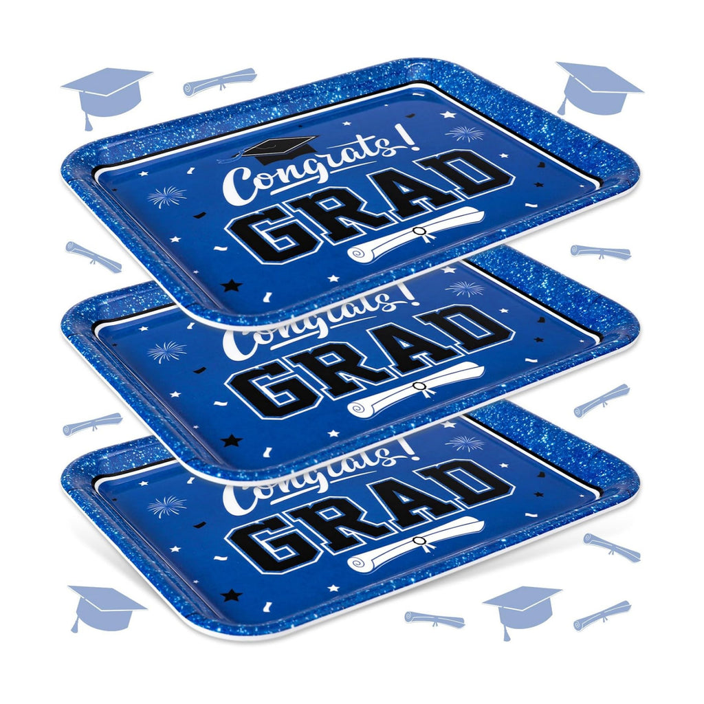 JarThenaAMCS 3Pcs Graduation Serving Trays Reusable Melamine Platter Blue Congrats 2026 Grad Diploma Bachelor's Hat Serving Dishes for Graduate Party Sharing Snacks Fruits Dessert