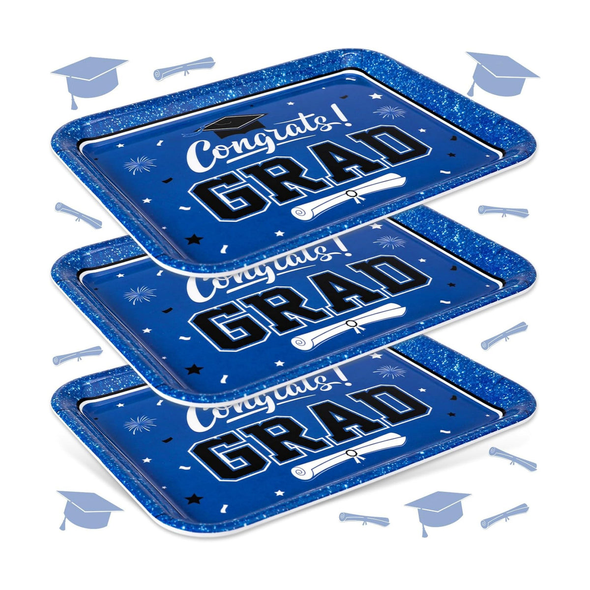 JarThenaAMCS 3Pcs Graduation Serving Trays Reusable Melamine Platter Blue Congrats 2026 Grad Diploma Bachelor's Hat Serving Dishes for Graduate Party Sharing Snacks Fruits Dessert