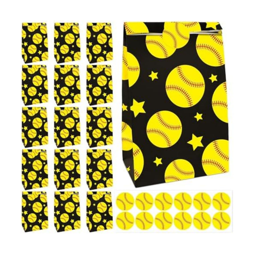 FEBSNOW 20Pcs Softball Paper Gift Bags with Stickers for Sport Party Favors