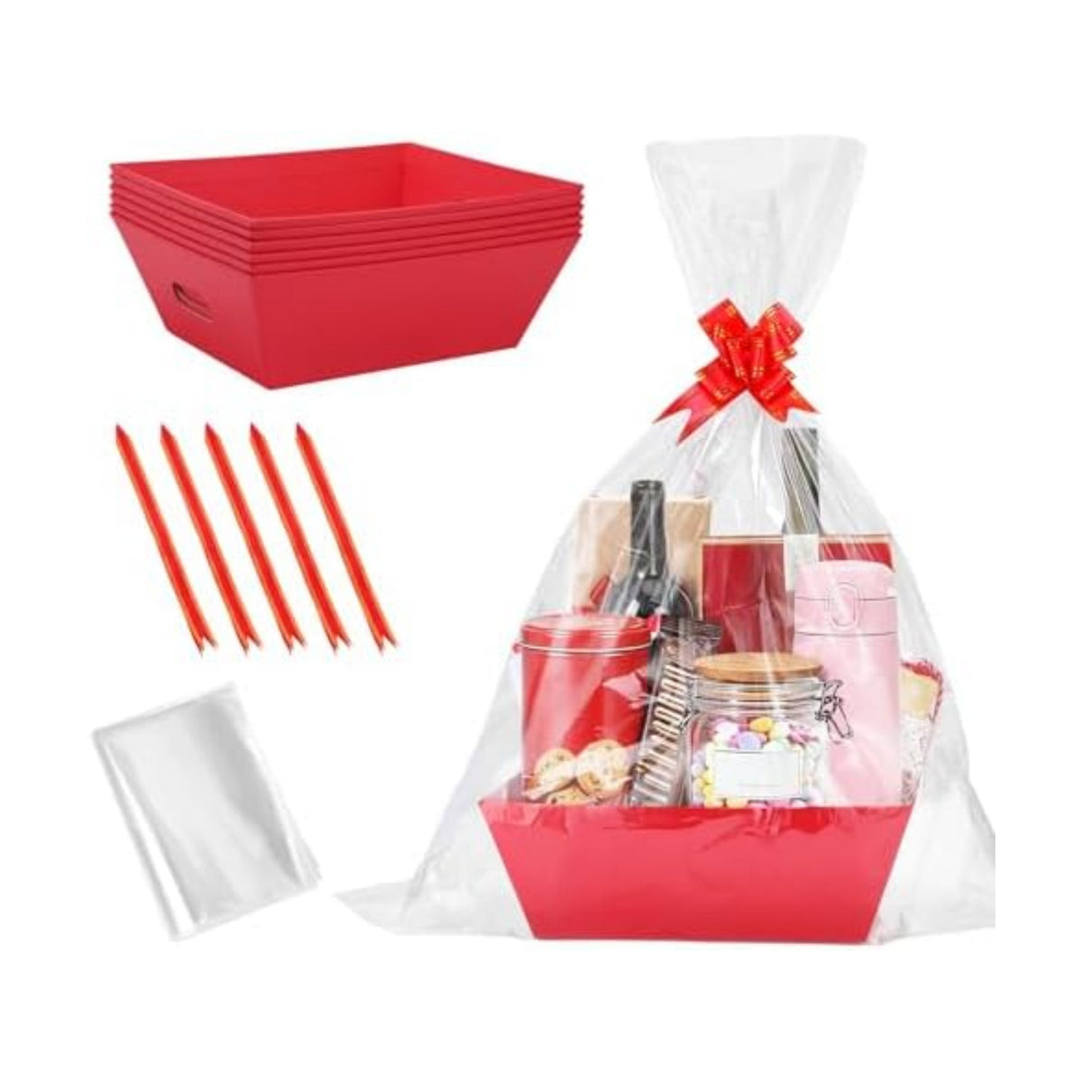 Beeplove 6 Sets Large Thick Kraft Baskets for Gifts Empty - Gift Baskets Empty Kit with Cellophane Wrap and Pull Bows for Wedding Birthday Bridesmaid Baby Shower, Red