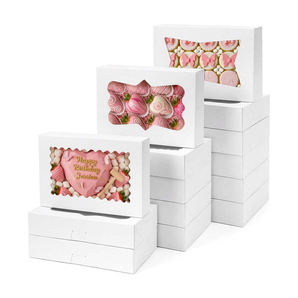 Moretoes 48pcs Cookie Boxes with 3 Style Window, 12x8x2.5In Bakery Boxes