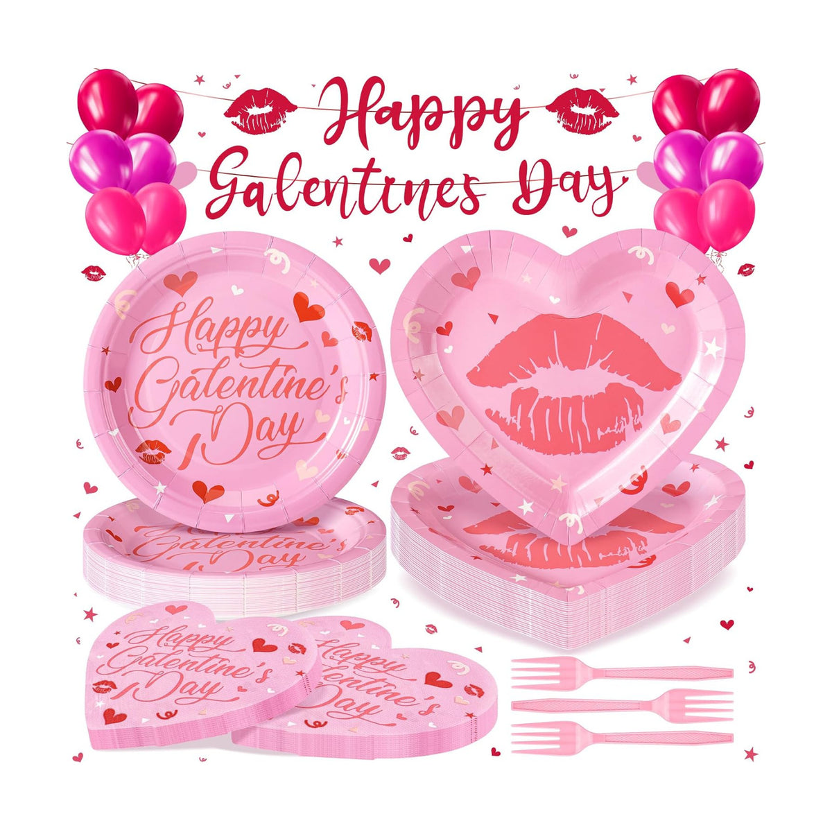 109PCS Happy Galentine's Day Party Supplies,Pink Love Heart Disposable Paper Plates Napkins Cups Forks Dinnerware for 24 Guest,Banner Balloons for Valentines Anniversary Wedding Engagement