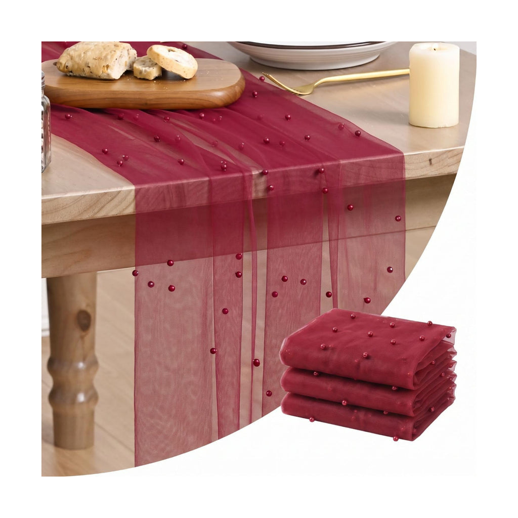 Artoid Mode 3-Pack Pearl Burgundy Gauze Table Runner 10FT Home Decor