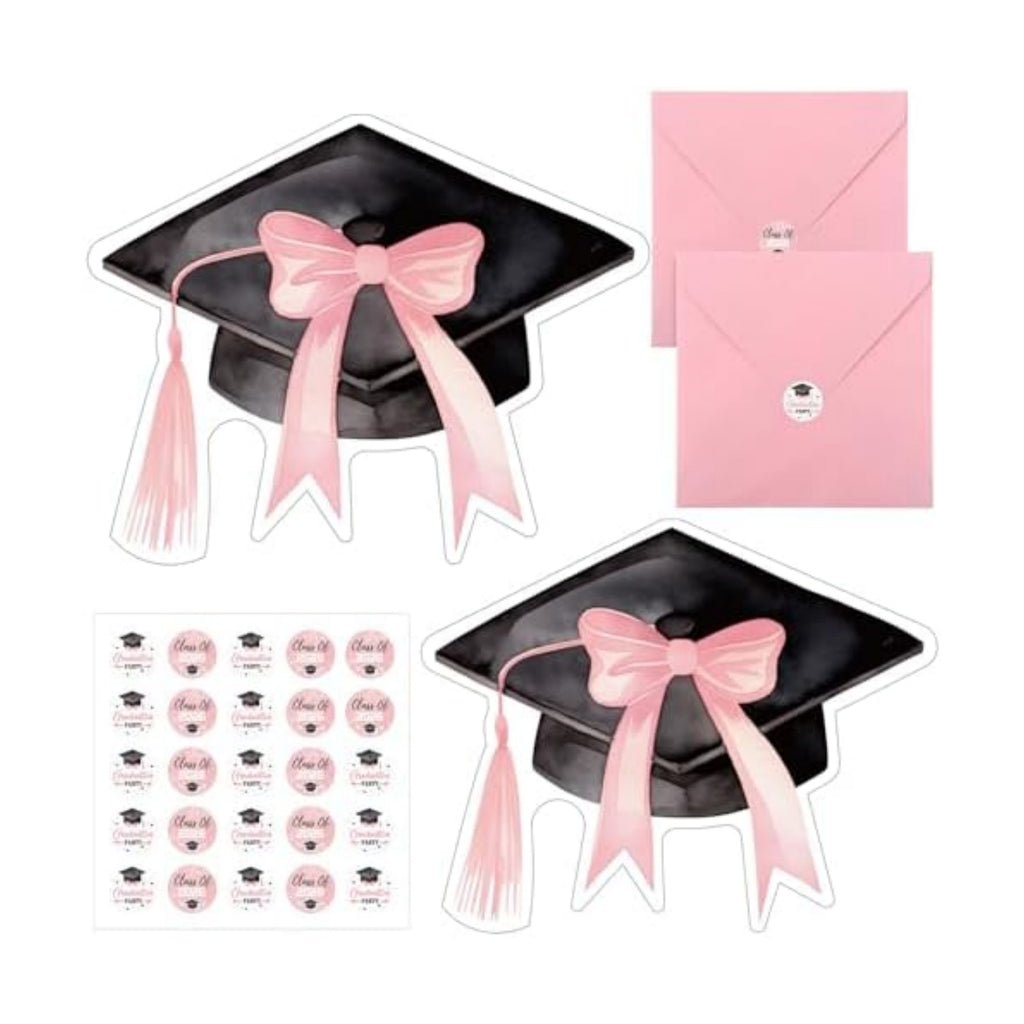 Marspark 25 Set Coquette Pink Bow Graduation Party Invitations Cards with Envelopes and Stickers Graduation Cap Shaped for College High School Grad Celebration Party Supplies, 5 x 6 Inch