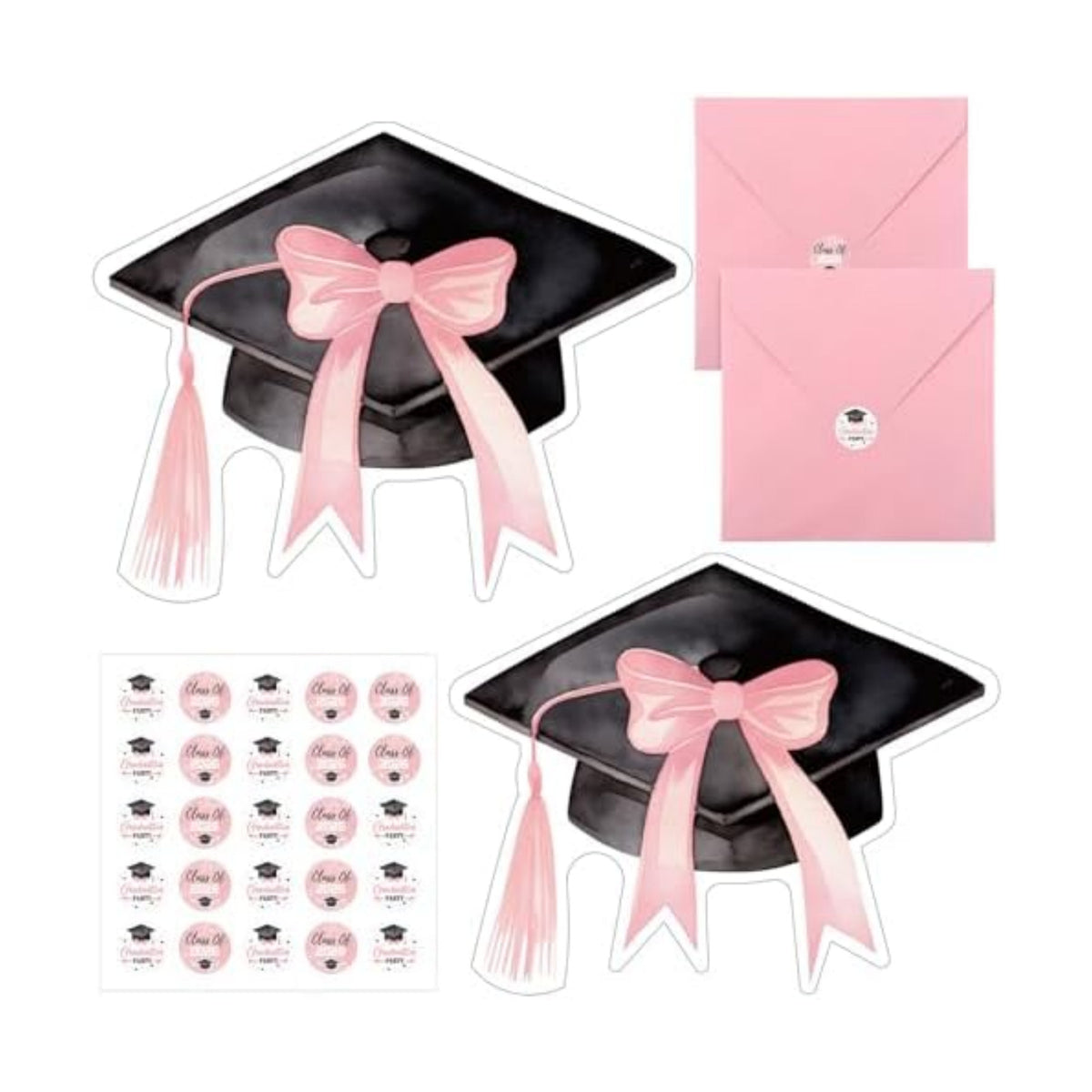 Marspark 25 Set Coquette Pink Bow Graduation Party Invitations Cards with Envelopes and Stickers Graduation Cap Shaped for College High School Grad Celebration Party Supplies, 5 x 6 Inch