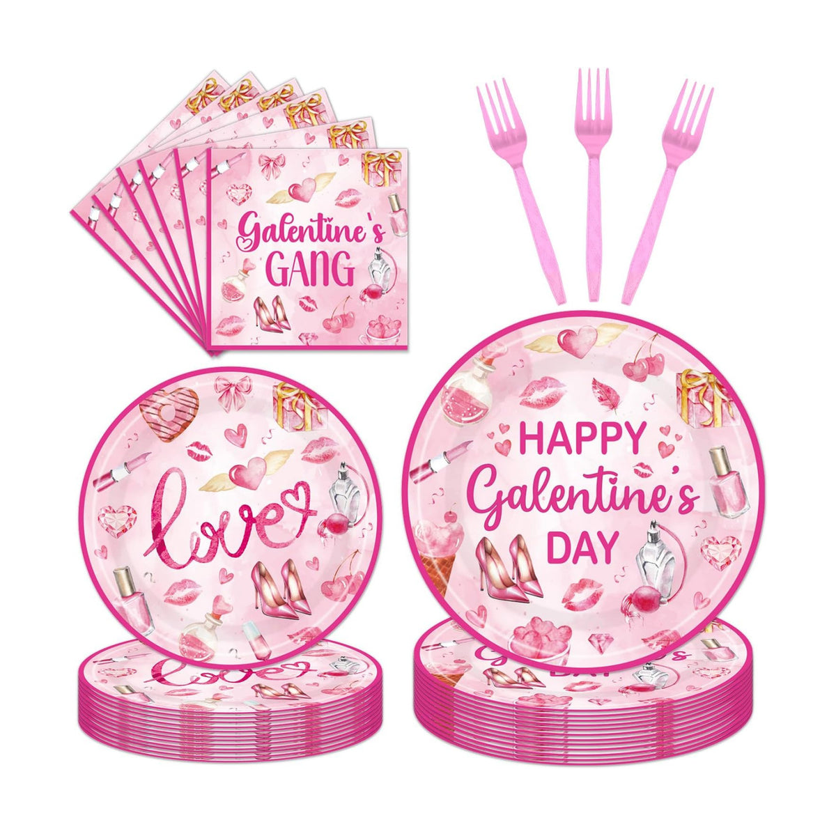 EUOYUFO 96Pcs Pink Galentine Party Decorations Tableware Set Happy Galentine's Day Paper Plates Napkins Forks Galentines Valentines Day Theme Party Supplies Serve 24 Guests