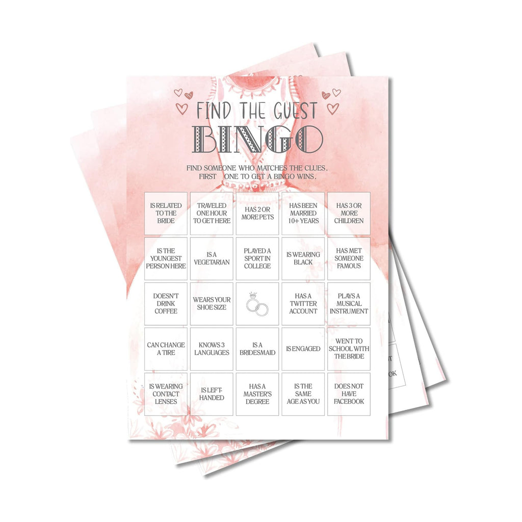 Bridal Shower Games, Wedding Games, Find The Guest Bingo Engagement Bachelorette Party Game, Bridal Shower Decorations, 30 Cards Per Set (Suit023)