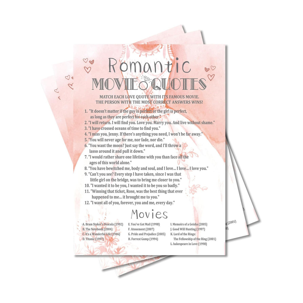 Bridal Shower Games, Wedding Games, Romantic Movie Engagement Bachelorette Party Game, Bridal Shower Decorations, 30 Cards Per Set (Suit028)