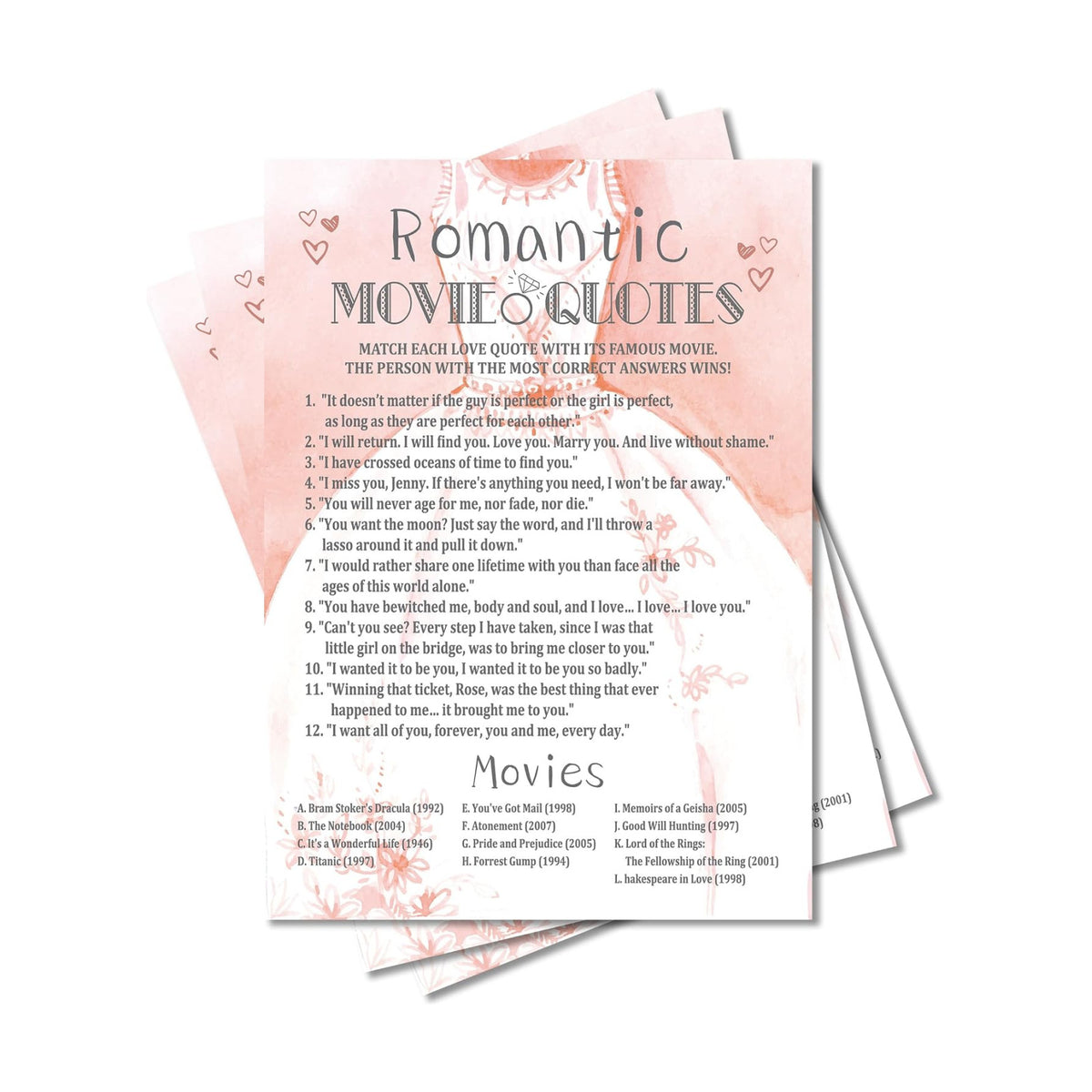 Bridal Shower Games, Wedding Games, Romantic Movie Engagement Bachelorette Party Game, Bridal Shower Decorations, 30 Cards Per Set (Suit028)