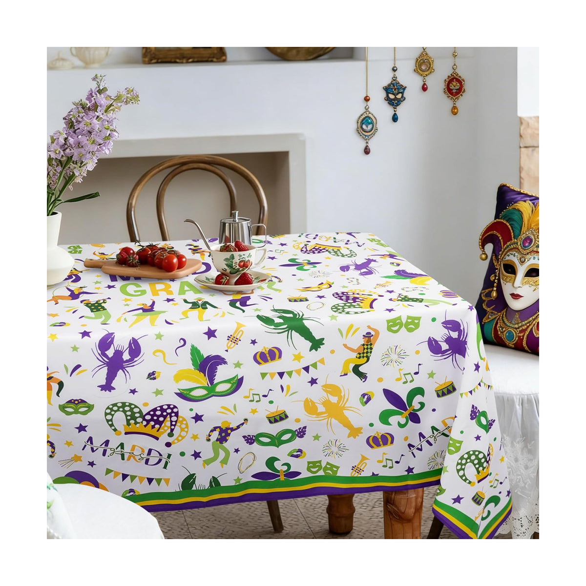 Mardi Gras Tablecloth Decoration Tablecloths, Purple Green Yellow Table Covers, Waterproof Table Cover for Dinner Kitchen Party Holiday Decor 60"x 84" Oblong/Rectangle