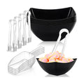 FoldTier 32oz 6 Black Plastic Candy Bowls, 4 Scoops and 4 Tongs Set Square Disposable Plastic Buffet Containers for Chip, Snacks Popcorn Candy Buffet Bar Birthday Party Supplies