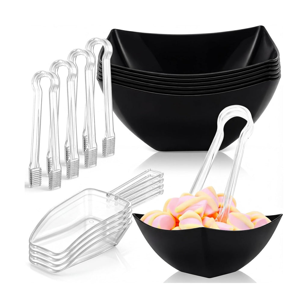 FoldTier 16oz 6 Black Plastic Candy Bowls, 4 Scoops and 4 Tongs Set Square Disposable Plastic Buffet Containers for Chip, Snacks Popcorn Candy Buffet Bar Birthday Party Supplies