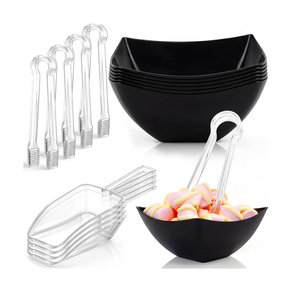 FoldTier 8oz 6 Black Plastic Candy Bowls, 4 Scoops and 4 Tongs Set Square Disposable Plastic Buffet Containers for Chip, Snacks Popcorn Candy Buffet Bar Birthday Party Supplies