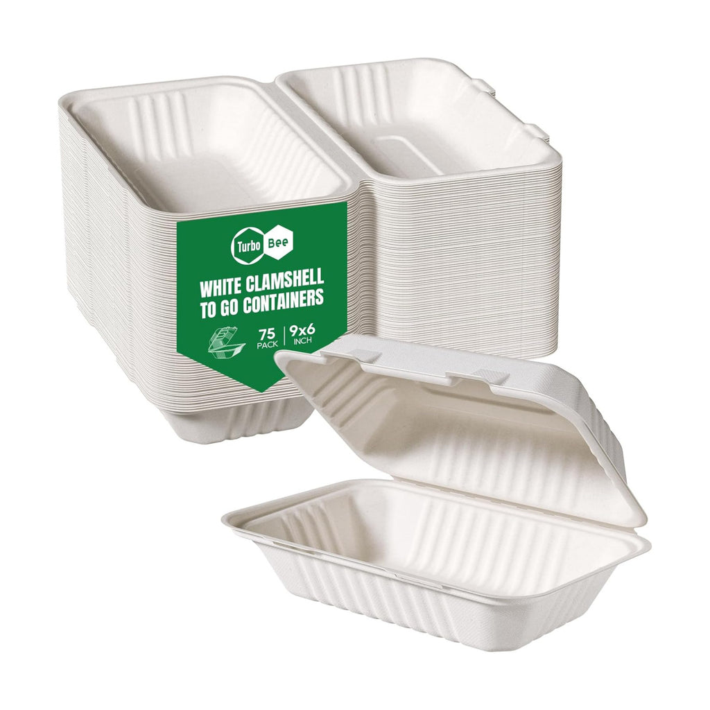 Turbo Bee 75 Pack White Compostable Take Out Containers, 9x6 Disposable Food Containers with Lids, Heavy Duty Clamshell To Go Boxes for Restaurant, Catering, Meal Prep & Lunch