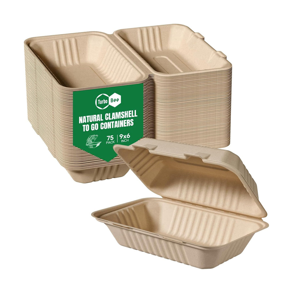Turbo Bee 75 Pack Natural Compostable Take Out Containers, 9x6 Disposable Clamshell Food Containers with Lids, To Go Boxes for Food Truck, BBQ, Meal Prep & Catering