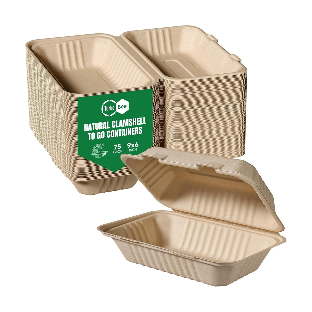 Turbo Bee 75 Pack Natural Compostable Take Out Containers, 9x6 Disposable Clamshell Food Containers with Lids, To Go Boxes for Food Truck, BBQ, Meal Prep & Catering