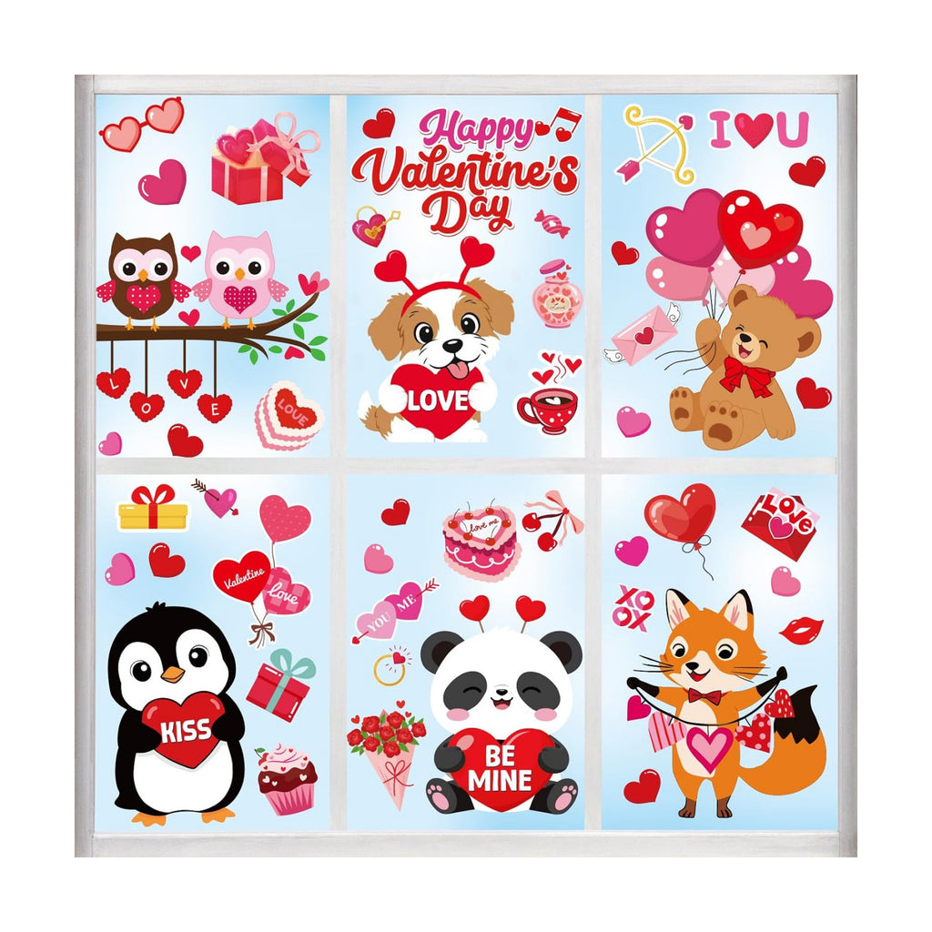 Happy Valentine's Day Window Clings 6 Sheets, Red Pink Hearts Window Decals Clings for Home Classroom Party Decorations Supplies, Reusable Valentine XOXO Love Cling for Windows (Valentines)