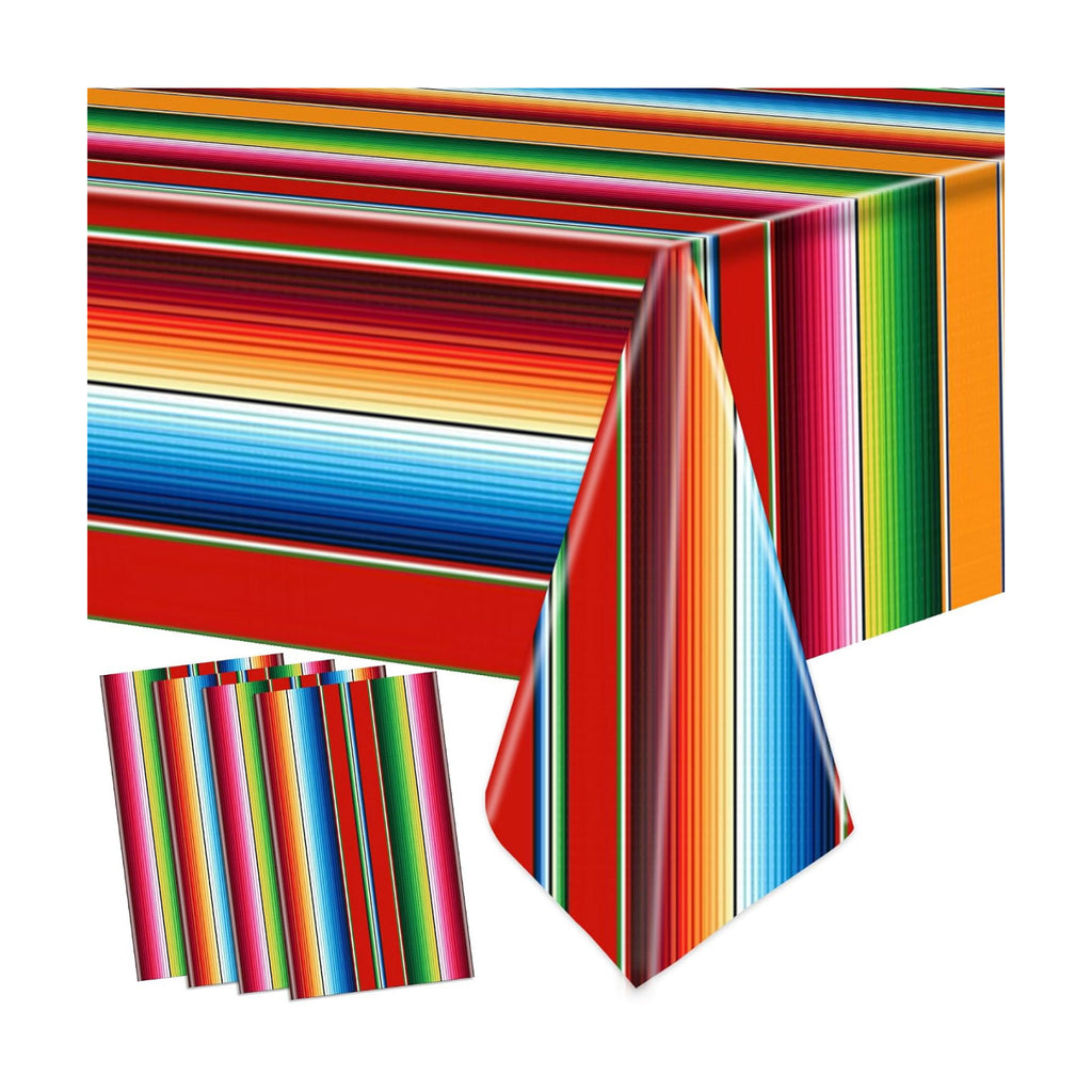 4 PCS Mexican Fiesta Plastic Tablecloth 108 x 54 Inch Mexican Striped Disposable Table Covers Waterproof Cinco De Mayo Rectangle Party Table Cloth for Fiesta Taco Mexico Themed Birthday Party Supplies