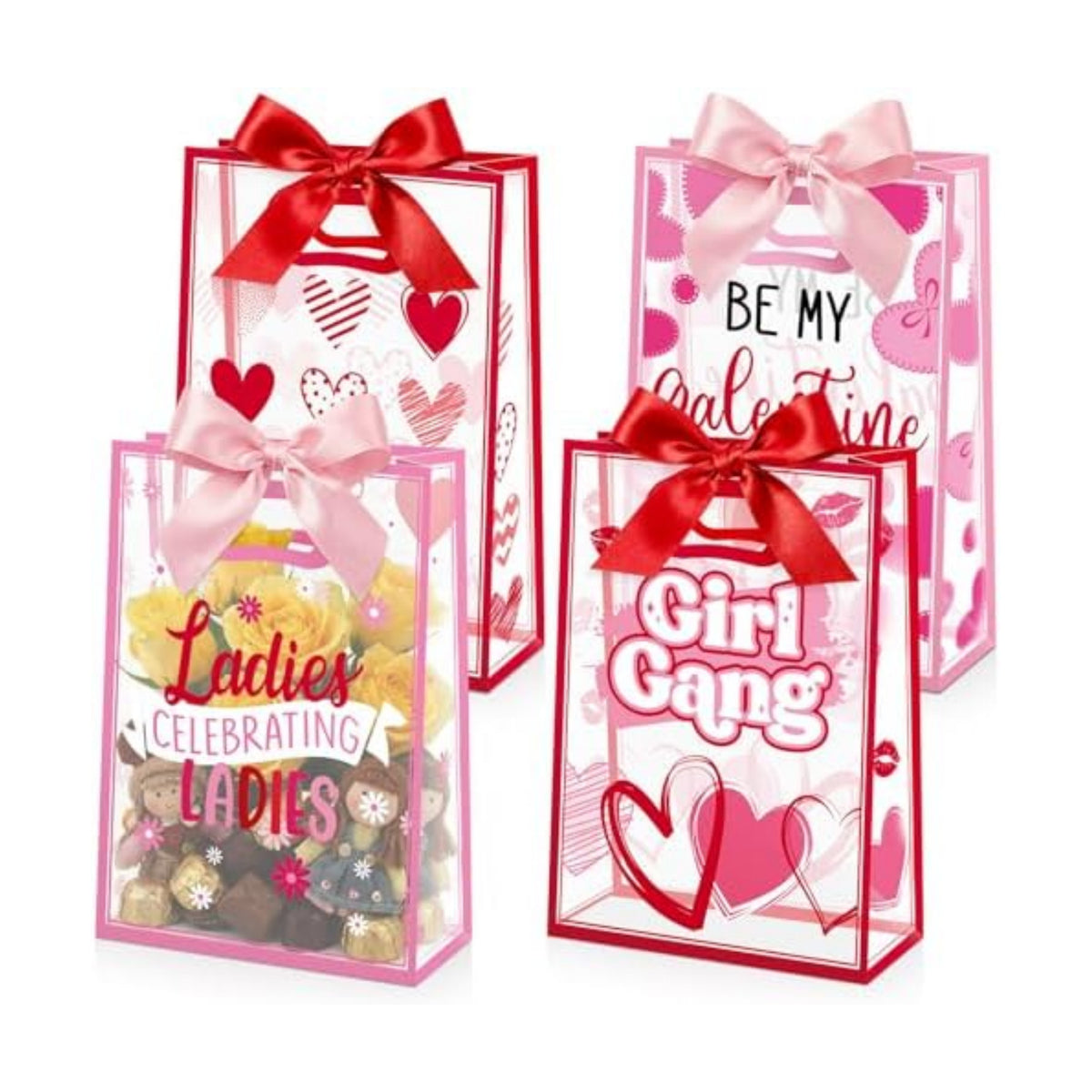 Capoda 24 Pack Galentine's Day Gift Bags with Handles - Large Pink and Red Valentine Party Favor Bags - Reusable Plastic Goody Bag for Girls Night & Ladies Celebration