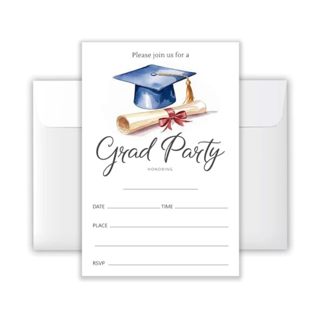 4x6 2026 Watercolor Grad Party Invitations (20 Cards + 20 Envelopes) - Blue Cap & Diploma Grad Celebration Invites.(015)