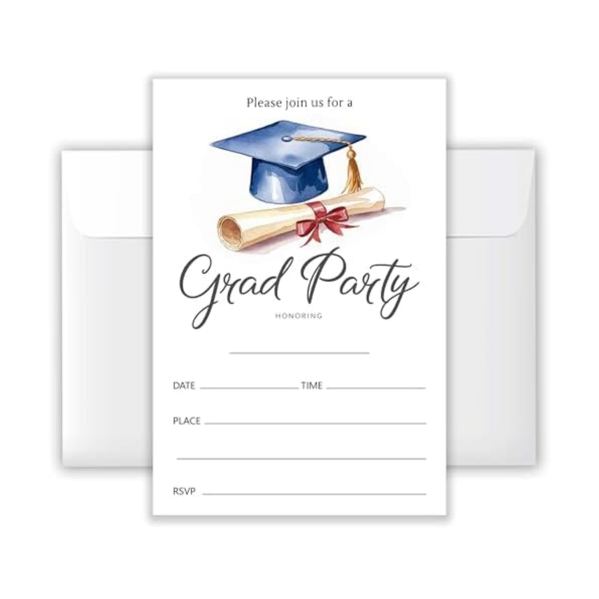 4x6 2026 Watercolor Grad Party Invitations (20 Cards + 20 Envelopes) - Blue Cap & Diploma Grad Celebration Invites.(015)