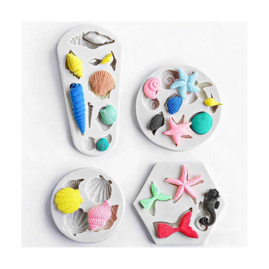 HKNMTT Marine Themed Silicone Mold for Polymer Clay Fondant, Seashell Mermaid Tail Starfish Ocean Seahorse Air Dry Clay Craft Cake Decor Wax Melt Chocolate Candy Mould DIY Cupcake Toppers BPA Free