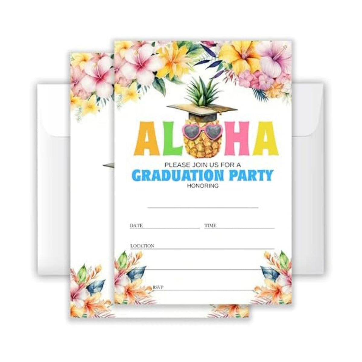4x6 2026 Aloha Graduation Party Invitations (20 Cards + 20 Envelopes) - Pineapple Tropical Grad Celebration Invites.(018)