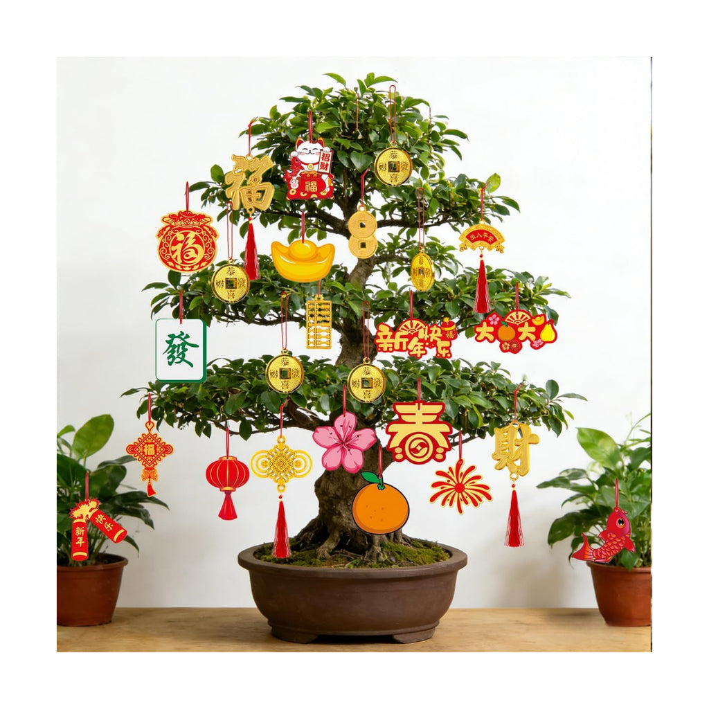 KYMY Chinese New Year Hanging Ornaments Set – 50pcs Red & Gold Lucky Decorations with Coins, Fu Charms & Lanterns, 2026 Zodiac Horse Year Spring Festival Pendants for Tree, Branch & Home Decor