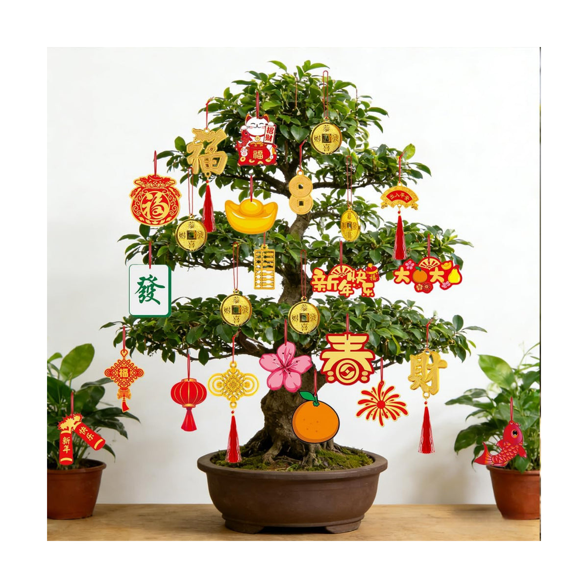 KYMY Chinese New Year Hanging Ornaments Set – 50pcs Red & Gold Lucky Decorations with Coins, Fu Charms & Lanterns, 2026 Zodiac Horse Year Spring Festival Pendants for Tree, Branch & Home Decor