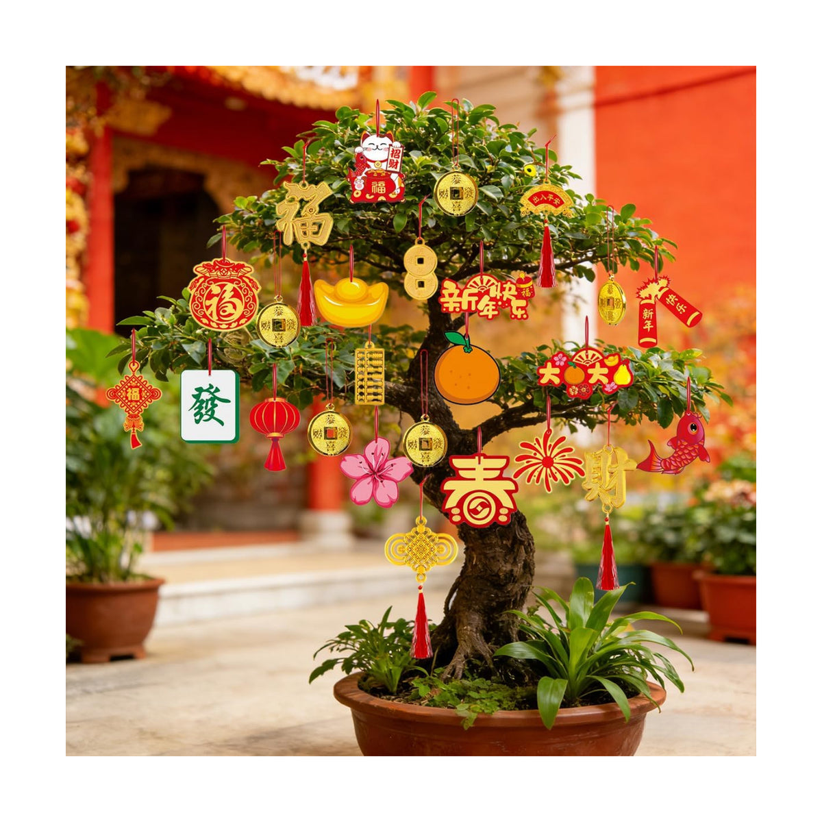 KYMY Chinese New Year Hanging Ornaments Set – 30pcs Red & Gold Lucky Decorations with Coins, Fu Charms & Lanterns, 2026 Zodiac Horse Year Spring Festival Pendants for Tree, Branch & Home Decor