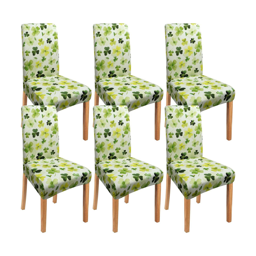 St Patricks Day Chair Covers Set of 6, Green Four Leaf Clover Dining Chair Covers, Elastic Removable Washable Dining Chair Covers for St. Patricks Day Kitchen Dining Room Holiday Party Decor