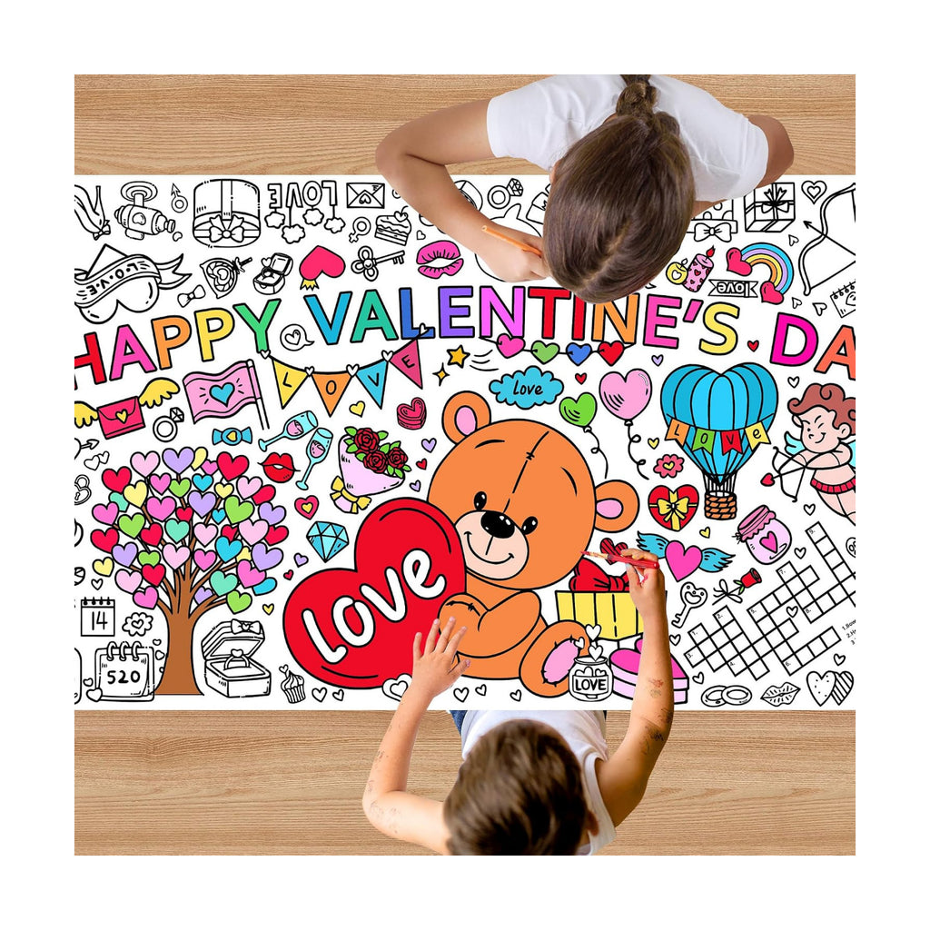 Giant Valentine's Day Coloring Tablecloth, Large Happy Valentine Coloring Poster for Home Birthday Party Supplies, 30x72 Inches